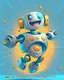 Placeholder: an mascot robot, smiling, modern robot, round robot, cartoon, flying, super hero pose, crypto coins background