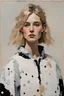 Placeholder: Euan Uglow oil impasto painting Portrait of beautiful female supermodel, Features: with blonde hair, Clothing: Wearing a futuristic black poncho with white dots everywhere, distressed style, designed by Nike and Tom Sachs, Settings: professional color grading