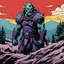 Placeholder: [horror monster series collector cards (1961)] realistic photo 8k of the one, in the middle of nowhere [illustration by Andrew MacLean in the comics Head Lopper style with Kupka's pixel colour palette]