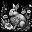 Placeholder: a beautiful rabbit between seeds and big flowers black background .black and white colors. for a coloring. with grayscale