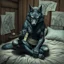 Placeholder: with wolf furry on her full body an anthropomorphic wolf woman hybrid sitting in the middle of a bed with a sewing needle and thread in her paw sewing a material belt, around her in the background are some paper with sketchy line kind drawings from monster on the walls of the wooden house, high realistic, detailed, cinematic, sci-fi, digital art, dark fantasy mood