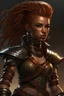 Placeholder: Female earth genasi from dungeons and dragons, ranger, wind like hair, wearing hot leather clothing that also looks studded, woman of color, realistic, digital art, high resolution, strong lighting