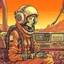 Placeholder: Moebius style scifi pilot girl with headphones, pilot helmet and exosuit sitting in a starship cockpit with solid earthy colors with a desert and dusty station in the background