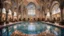 Placeholder: Superb symmetrical pictorial multicoloured mosaic floor, walls with pictures of bathers and swimmers, swimming pool, bathers, swimmers, water feature, symmetrical cathedral style high ceiling, relaxation, luxury, dream world, calm beauty, symmetry, fantasy world, magic, beautiful symmetrical composition, exquisite detail, 135mm lens, adjust perspective, chiaroscuro, night, darkness, dramatic lighting