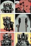 Placeholder: 6 panel page with different images of a man in a gas mask sitting in a wingback chair, intimidating, graphic novel