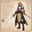 Placeholder: character concept sheet with ad&d statistics and characteristics, [illustration by Angus mcbride for Osprey Publishing’s] blond Joan of Arc in linen battle dress with her zweihander sword in hand