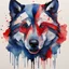 Placeholder: watercolor, bold black lines, black footprint, geometric lines, blue and red blotches, wolf face