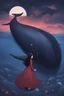 Placeholder: A girl wearing a dark red dress and long black hair walks on the back of a blue whale at night