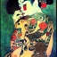 Placeholder: dibujo al oleo de cuerpo entero de una Geisha bella con tatuajes maorís estilo Gustav Klimt