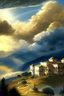 Placeholder: Nature, hills in the background, many mansions in the nature and on the hills, majestic mansions, the sky is (((very cloudy))) with the ((sun behind clouds)) bringing down (((golden sun rays from the clouds))) down, silver-gold-blue clouds, sharp, focused, enhanced, detailed, all houses and mansions are touched ((by golden sun ray)), digital painting, digital illustration, extreme detail, digital art, ultra hd, beautiful fantasy landscape, cosmic sky, fantasy by john stephens, magical, detailed