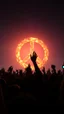 Placeholder: A field of random people rising hands up in a bright lighting , at the the background a huge circle of the peace sign with fire’s texture
