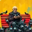 Placeholder: A digital painting in a vintage pop-art style. An elderly man sits on a wooden bench surrounded by pigeons, holding some in his hands. The scene is inspired by a black-and-white photograph but reimagined with bold pop-art colors, strong contrasts, textured brush strokes, and a retro urban atmosphere. The background features distressed textures, with warm yellows, deep reds, and teal greens, blending realism with stylized graphic design. The man’s expression remains detailed and expressive, while