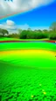 Placeholder: A green golf course with clovers and a rainbow painted by Piet Mondrian