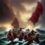 Placeholder: 11 pirate warriors in dark red armor, charging off their ship onto the beach, a highly detailed illustration, background of giant crashing ocean waves, realistic render, 8 k, micro detail, intricate, elegant, centered, digital painting, Artstation, smooth, sharp focus, illustration, artgerm, tomasz alen kopera, peter mohrbacher, donato giancola, joseph christian leyendecker, wlop, boris vallejo