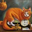 Placeholder: Orange longhairs cat with a clock, surrealism in the style of Salvador Dali