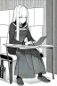 Placeholder: thin hacker girl use a laptop on a table sitting in a cafe, line arts, greyscale