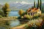 Placeholder: Sunny day, mountains, river, distant house, flowers, trees, claude monet and charles leickert impressionism paintings