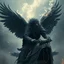 Placeholder: air is charged with magic around a storm crow bird rider with wings and beard and hair is full of feathers