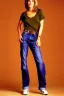 Placeholder: year 1996 denim fashion. Loose fit, low waist, baggy. Combat pants and t-shirt. Colors: denim blue, blue, purple, khaki, light green, lilac, plum, orange, terracotta, red, pink, dark blue, beige. Patterns: cheetah, balls, stripes. Women models. Sharon Stone, Sandra Bullock, Winona Ryder, Milla Jovovich, Big tennis shoes on. Latex in small part, areas, clothes..Combat pants. Leg warmers.