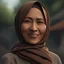 Placeholder: a portrait of smiling moslem woman. 50 years old. indonesian. carricature. thin face. small body. wearing black headscarf. warm undertone brown face skin. black eye pupils. oblong face shape. formal blazer dress. pixar style. 3D. 4k. portrait. highly detailed. sharp focus. high resolution. full color. cinema lighting