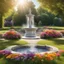 Placeholder: A romantic, bright place with a bench and fountain, lots of colorful flowers all on a sunny meadow. Water flows from the fountain