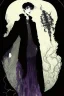 Placeholder: 17 year old boy, necromancer, friendly, looks dead, surrounded by weird smoke with eyes, wearing black robes, in the style of Harry Clarke