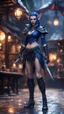 Placeholder: full figure with metallic stone gauntlets holding dark blue jagged dagger, standing on wet tiled floor outside fantasy tavern, female vampire elf from worms armageddon wearing makeup, bokeh like f/0.8, tilt-shift lens 8k, high detail, smooth render, down-light, unreal engine, prize winning