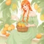 Placeholder: A beautiful young woman with orange hair sitting in a light green dress with a basket full of mangoes. All on a light background that can be easily removed.