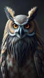 Placeholder: An owl with human look face and long hair and beard looks like an ancient Sumerian gods