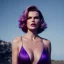 Placeholder: Eva Herzigova has purple effect. She has beautiful eyes, Her hair flies in the air. with yellow flowers for hair, closed eyes, rtx, reflection, 8k, glow, winning photography, caustics