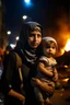 Placeholder: Palestinian girl wears Palestinian keffiyeh Carrying a nude small child , Destroyed Buildings , with a Explosions, at night