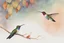 Placeholder: closeup, a colorful hummingbird family perched in the canopy, the siblings eating (opened mouth, the mother feeding them), twilight, looking down on the river through the canopy of a tree, on a misty twilight. over a misty pond in the hieght of fall. Watercolour by Alison Brady. Pastel colours S<AI in sunshine, ethereal, otherwordly, cinematic postprocessing