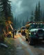 Placeholder: Bosch painting style ,nightmare, a lot of blacksmiths with hummer’s working on a trail road