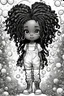 Placeholder: Create an coloring page of a psychedelic illustration of a chibi cartoon black young girl wearing overalls and boots. . Highly detailed sister locs. Background of a large bubbles and butterflies all around her, black and white