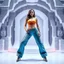 Placeholder: picture of lady with a top and cifi pants stye design posing in a 3d recursive structures stage