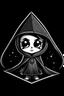 Placeholder: chibi skeleton in a black hooded cloak drawn in a retro mascot cartoon style, inside a light diamond shape on a black background, monochromatic