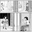 Placeholder: Traditional animation storyboard, four frames: Frame 1: Close-up shot, Nancy is leaving the mall while talking on the phone. Frame 2: Jack appears, jumping in the doorframe. Frame 3: Over-the-shoulder medium close-up, Nancy hangs up the phone. Frame 4: Nancy sits on Jack's side. He has a serious expression, looking preoccupied, with a centered composition.
