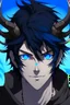 Placeholder: An anime male demon with dark, messy, black hair, black horns, and bright blue eyes.