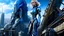 Placeholder: A full-body photograph of a young, slender woman with blond shoulder-length hair in a sleek blue jumpsuit, with an android in a huge metal exosuit with a helmet standing guard beside her, standing in a futuristic cityscape with advanced spacecraft behind them