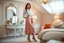 Placeholder: very beautiful lady with beautiful midi skirt and blouse standing in a luxury bedroom with high heels next to makeup desk looking to camera
