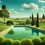 Placeholder: estilo surrealismo, paisaje de pileta en el campo