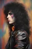 Placeholder: oil painting, text "KISS" - facial portrait with makeup - 20-year-old Paul Stanley with long, wavy curly black 1980's style big hair, wearing a black leather jacket, extremely colorful, multicolored watercolor stained wall in the background - in the art style of Boris Vallejo, Frank Frazetta, Julie bell, Caravaggio, Rembrandt, Michelangelo, Picasso, Gilbert Stuart, Gerald Brom, Thomas Kinkade, Neal Adams - explosions, flames, fog, clouds, dust,