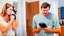 Placeholder: man at home angry on phone a lady stands behind him