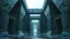 Placeholder: A dark, cold and surreal abstract artwork inspired by brutalism and brutalist architecture. Massive monolithic concrete structures form an impossible architectural passageway, with severe geometric shapes, enormous walls, sharp angles, deep voids and distorted perspective. The architecture feels oppressive, mysterious and dreamlike rather than realistic. Use a cold palette of graphite black, concrete grey, steel blue, icy blue and desaturated cyan, with subtle atmospheric dramatic shadow