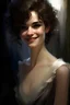 Placeholder: 20 year beautiful woman with flirtatious smile, curly luxuriant short hairs, incredible detail, pale flawless skin, silk winter gown, half body, beautiful expressive look, a beautiful cinematic impressionistic picture, in the style of Jeremy Mann and Charles Dana Gibson, Mark Demsteder, Paul Hedley, smooth, sharp focus, artstation, hyperrealism painting, concept art of detailed, character design, matte painting, 8 k resolution