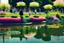 Placeholder: Modern city, people, pond, flowers