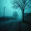 Placeholder: A nostalgic image of a dimly lit, foggy street in the outskirts with a pastel blue and brown color scheme. The street has a textured, rough surface. There is a tree in the corner. The background contains a few buildings. The overall atmosphere is eerie and foggy.