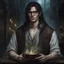 Placeholder: fantasy dnd scholar 30 year old male ghost hunters wearing eye glasses thin body havent eat in a week dirty from travelling the road long dark hair