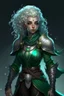 Placeholder: Female moon elf twilight cleric in dark green armour with blueish curly hair and white eyes