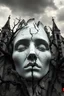 Placeholder: surrealis monochrome A fragmented, surreal sculpture liguid color of photorealistic image 3d,psychedelic art of an castle glossy emerging from devilish a crumbling building. The face appears pale with deep cracks and intricate details, evoking a haunting expression. Blackened tree branches intertwine with the gold mengkilat cracks, set against a backdrop of stormy, cloud-filled skies. bauhaus art The overall tone is dark and moody, suggesting themes of decay and transformation.